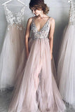 A-Line Prom Dress,Deep V-Neck Prom Gown,Tulle Prom Dress,Long Evening Dress, Beading Prom Dress
