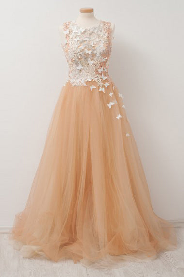 A-line Round Neck Tulle Long Prom Dress with Lace Appliques OKU29