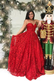 Princess A Line Sweetheart Strapless Red Lace Long Prom Dress OK760
