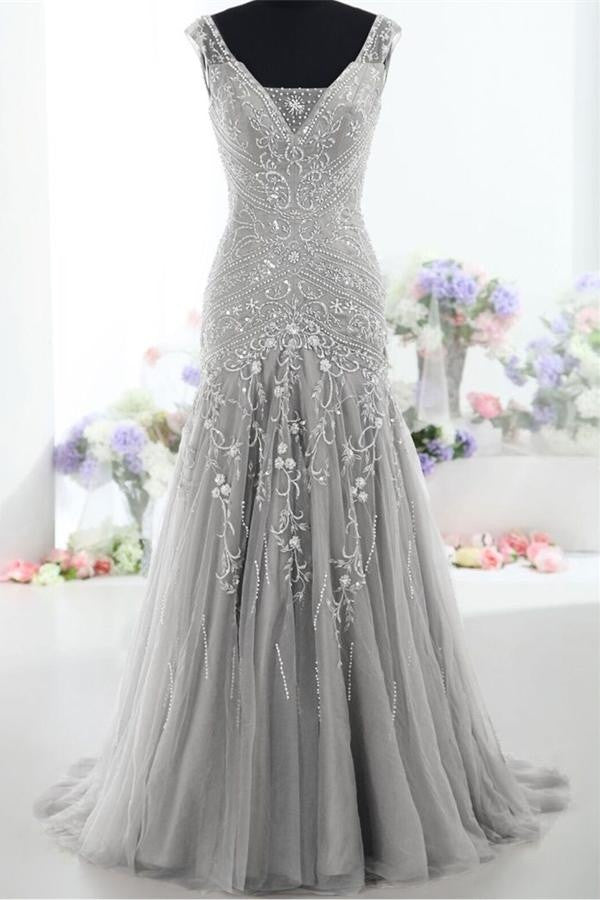 Modest Silver V-neck Long Mermaid Lace Up Prom Evening Dress K170