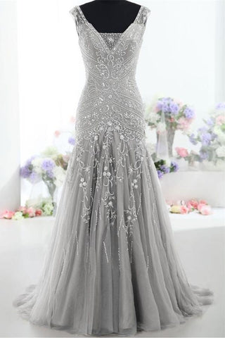 Modest Silver V-neck Long Mermaid Lace Up Prom Evening Dress K170