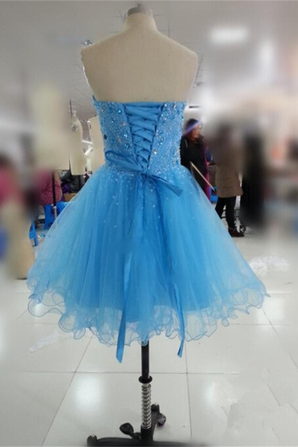 Lace Up Beaded Sleeveless Short Blue Beading Homecoming Dress K230