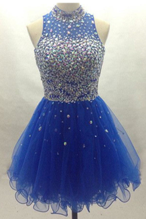 Lovely Blue Beading High Neck Tulle Pretty Charming Homecoming Dress K382