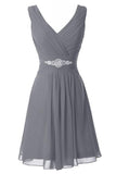 V-neck Simple Grey Chiffon Beading Comfy Homecoming Dress K411