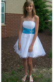 White Strapless Short Handmade Cute Classy Homecoming Dress With Blue Belt K419