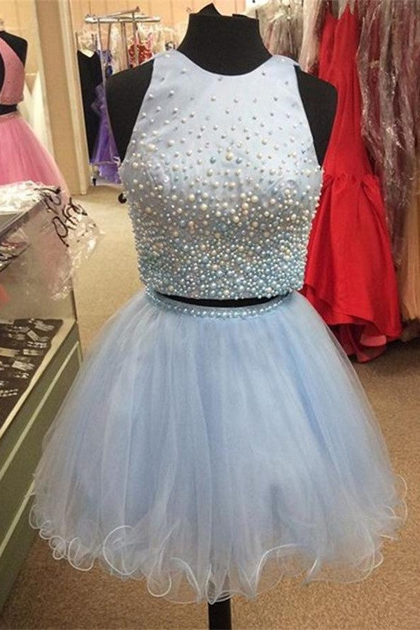Baby Blue Tulle 2 Pieces Beading A-line O-neck Homecoming Dresses K454