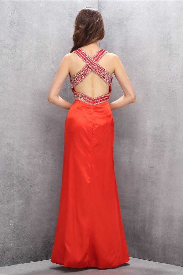Sexy Sparkly Mermaid Satin V-neck Handmade Open Back Prom Dress K621