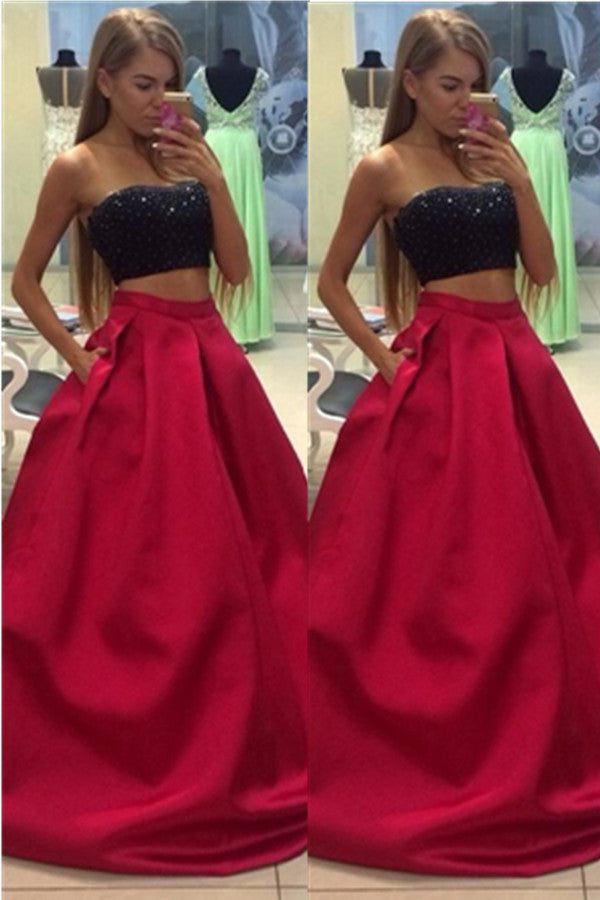 Red And Black Beading Two Pieces Handmade A-line Long Prom Dresses K627