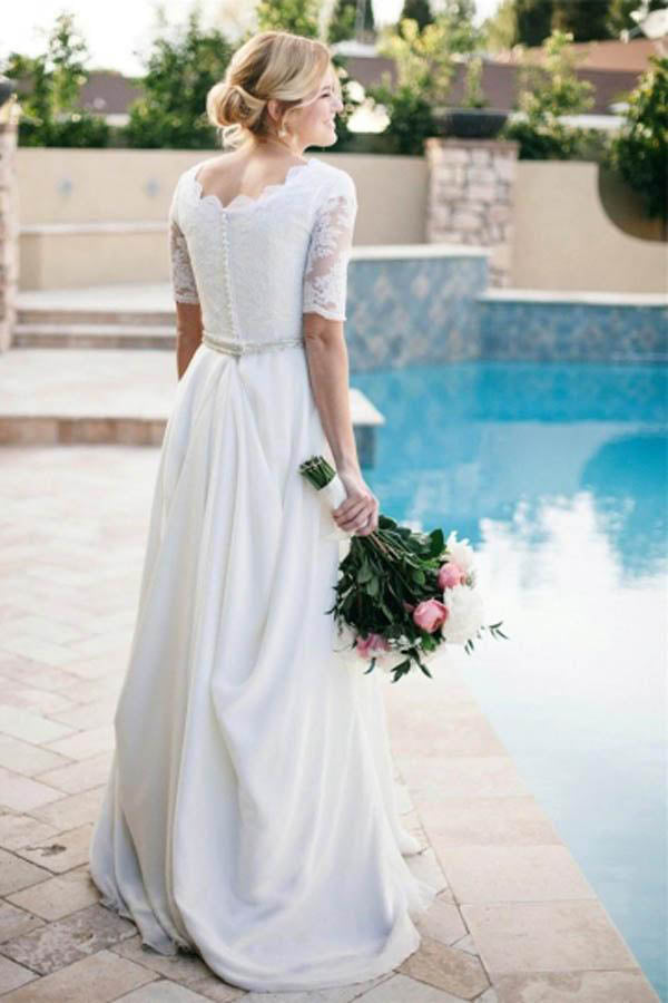 Lace A-Line Beading Ivory Half Sleeve Chiffon Long Wedding Dresses OK597