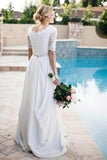 Lace A-Line Beading Ivory Half Sleeve Chiffon Long Wedding Dresses OK597