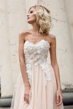 Beautiful A-Line Sweetheart Strapless Tulle Pearl Pink Long Prom Dresses with Appliques OK679