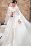Vintage Ivory A-line Wedding Dress Long Sleeves Satin Bridal Gowns OKX7