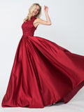 Cheap A-line Red High Neck Applique Satin Long Prom Dress,Evening Dresses OKA67