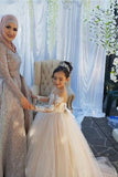 Princess Ball Gown Long Sleeves Tulle Long Flower Girl Dresses with Lace Appliques OKB98