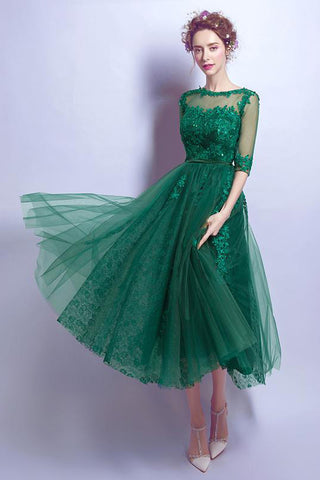 Dark Green Cheap Applique Lace Short Homecoming Dress With Half Sleeves,Graduation Gowns OKC20