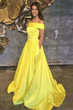 Yellow Off The Shoulder A Line Prom Dresses,Long Evening Gown With Pockets OKJ67