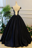 Generous Puffy A-Line Cap Sleeves Lace-up Black Satin Long Prom Dresses with Appliques OK782