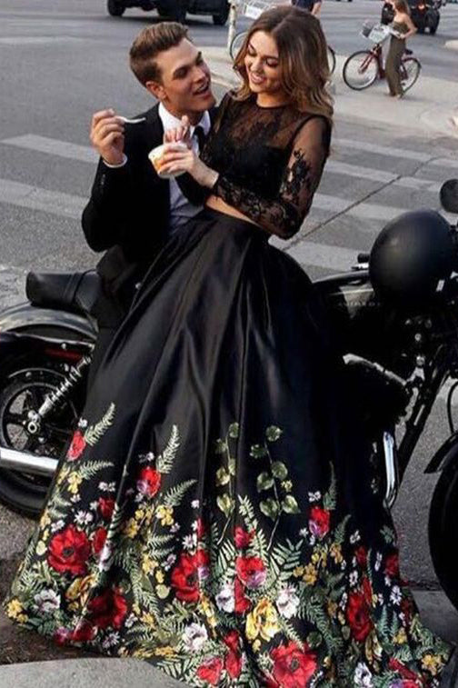  Two Piece Prom Dresses,Floral Prom Gown,Black Prom Dress,Long Sleeves Prom Dress