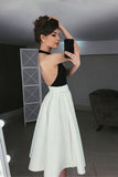 Simple A-Line Halter Backless Tea-Length Ivory and Black Homecoming Dress OKC45