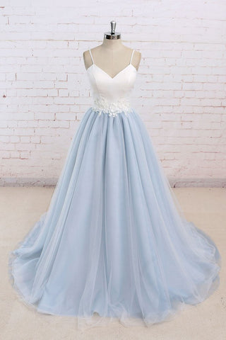Long Prom Dresses,Baby Blue Prom Dress,Simple Prom Dresses,Senior Prom Dress,White Top Prom Dresses,Tulle Evening Dress,A Line Prom Dresses