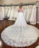 Princess Lace Long-sleeves Appliques A Line Wedding Dress with Cathedral Train OK1585