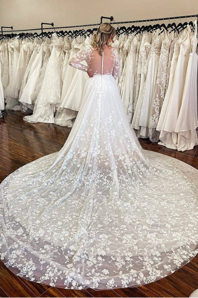 Princess Lace Long-sleeves Appliques A Line Wedding Dress with Cathedral Train OK1585