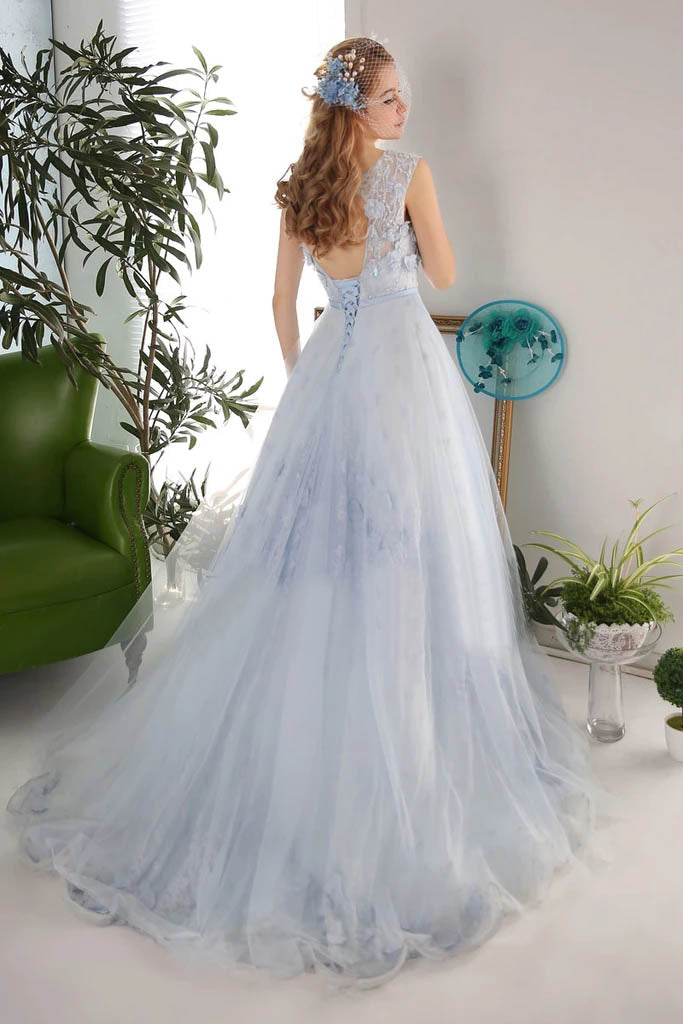 3D Flowers A-line Blue Gray Tulle Long Formal Prom Evening Dresses OKV6