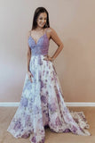 Lilac A Line Floral Boho Prom Dress For Teens Spaghetti Strap Junior Prom Dress OKI4