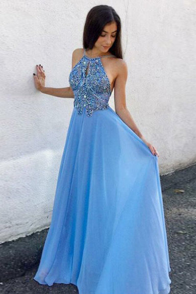 Unique Prom Dresses,Beading Prom Gown,Chiffon Prom Dress,Blue Prom Dresses