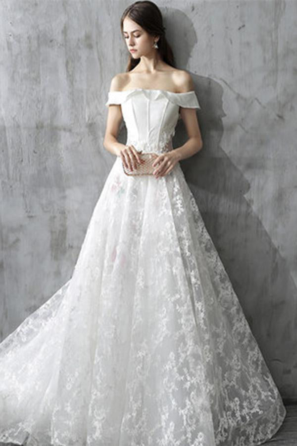 Princess Wedding Dress,White Wedding Dress,Off the Shoulder Wedding Gowns,Lace Wedding Dresses,Long Wedding Dress,A Line Bridal Gown