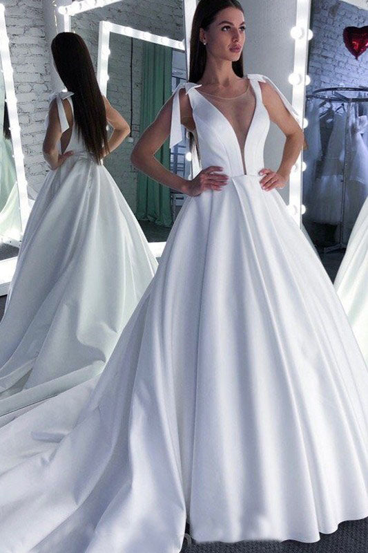 A Line Round Neck White Prom Wedding Dresses With Bowknot OKQ57