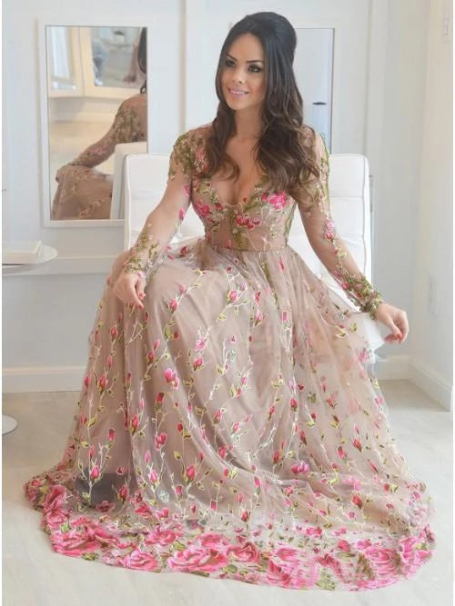 A-Line V-Neck Long Sleeves Tulle Prom Dress with Floral Appliques OKN10
