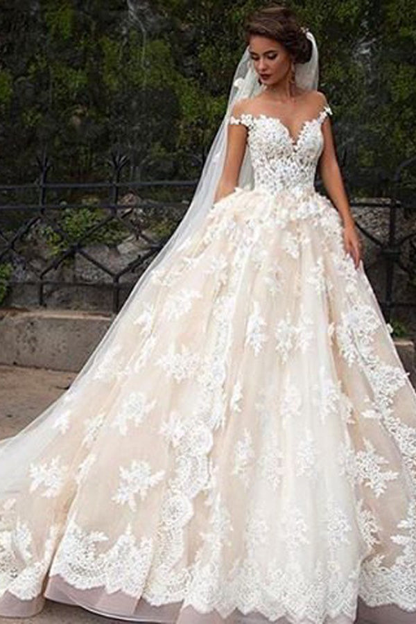 Romantic Jewel Cap Sleeves Ball Gown Wedding Dresses with Lace Top OKB09