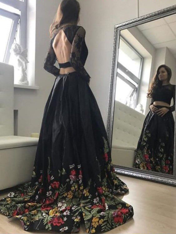Two Piece Lace Top Floral Black Long Sleeves Satin Prom Dresses with Appliques OKA4
