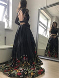 Two Piece Lace Top Floral Black Long Sleeves Satin Prom Dresses with Appliques OKA4