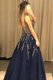 V Neck Line Sexy Party Dress Navy Blue Appliques Long Prom Dress With Beading OKU12