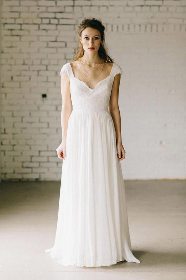 A-Line Ivory Lace Cap Sleeve Vintage Chiffon Wedding Dress,V neck Bridal Dress OK538