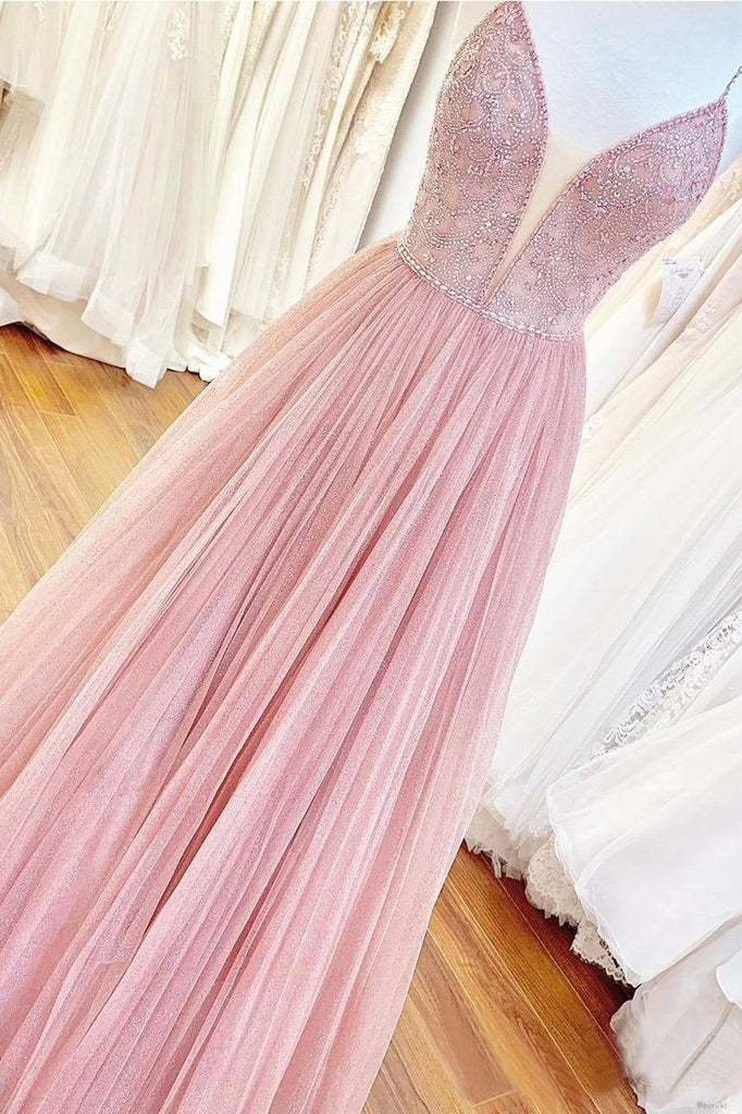 Long Beaded Bodice V-neck Neckline Chiffon Pink Prom Dress OKS7