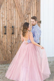 Long Beaded Bodice V-neck Neckline Chiffon Pink Prom Dress OKS7