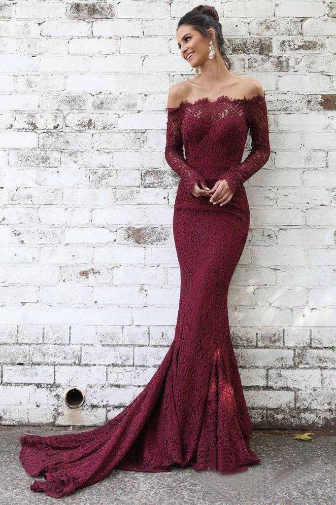 Long Sleeve Lace Maroon Mermaid Prom Dress Off the Shoulder Evening Dress OKL43
