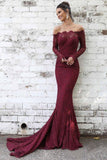 Long Sleeve Lace Maroon Mermaid Prom Dress Off the Shoulder Evening Dress OKL43