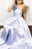 A-line One Shoulder Satin Long Prom Dress With Flowers Evening Dress OKR60