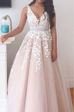 Elegant A-line Long V-neck Long Pink Lace Appliques Wedding Dresses OK678