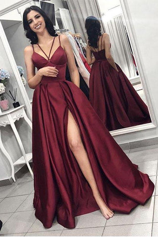 Maroon Spaghetti Straps Side Slit Long A Line Elegant Evening Prom Dress OKI58