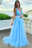 Sky Blue V Neck A-line Tulle Prom Dress Long Lace Appliques Formal Evening Dress OKX77