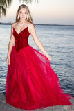 Burgundy A-line Tulle Strapless Prom Dress Long Formal Ball Dress Evening Dress OKX76