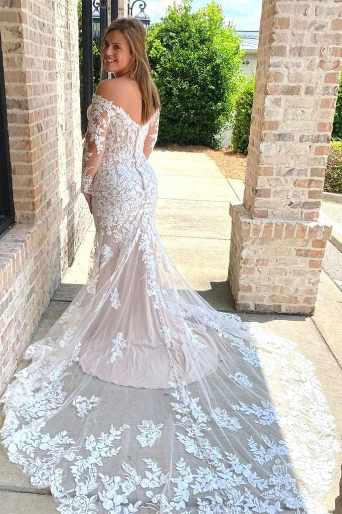 Off White Lace Appliques Off-the-Shoulder Long Sleeves Mermaid Wedding Dress OK1619