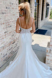 Off White V-Neck Beaded Mermaid Satin Spaghetti Straps Long Wedding Dress OK1537