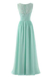 Mint Green V Neck Long Simple Pleated Bridesmaid Dresses with Lace  OKM57