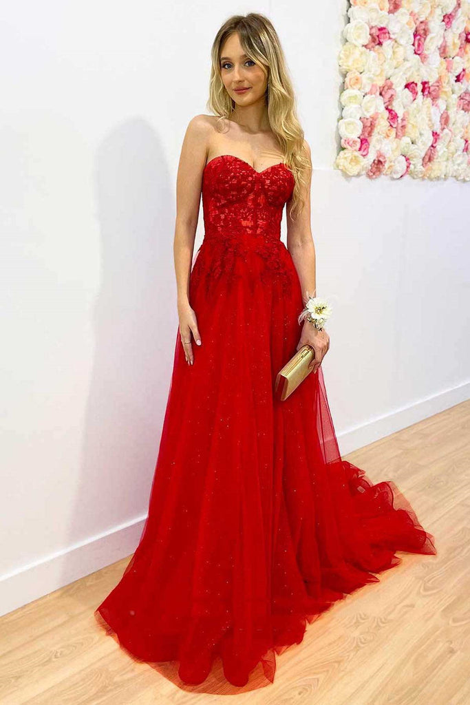 Red Sweetheart A-Line Tulle Long Prom Dress with Lace Appliques OK1751